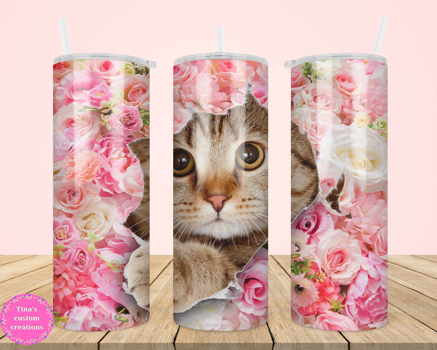 Cute Kitty Cat Peeking Rose 20oz Tumbler