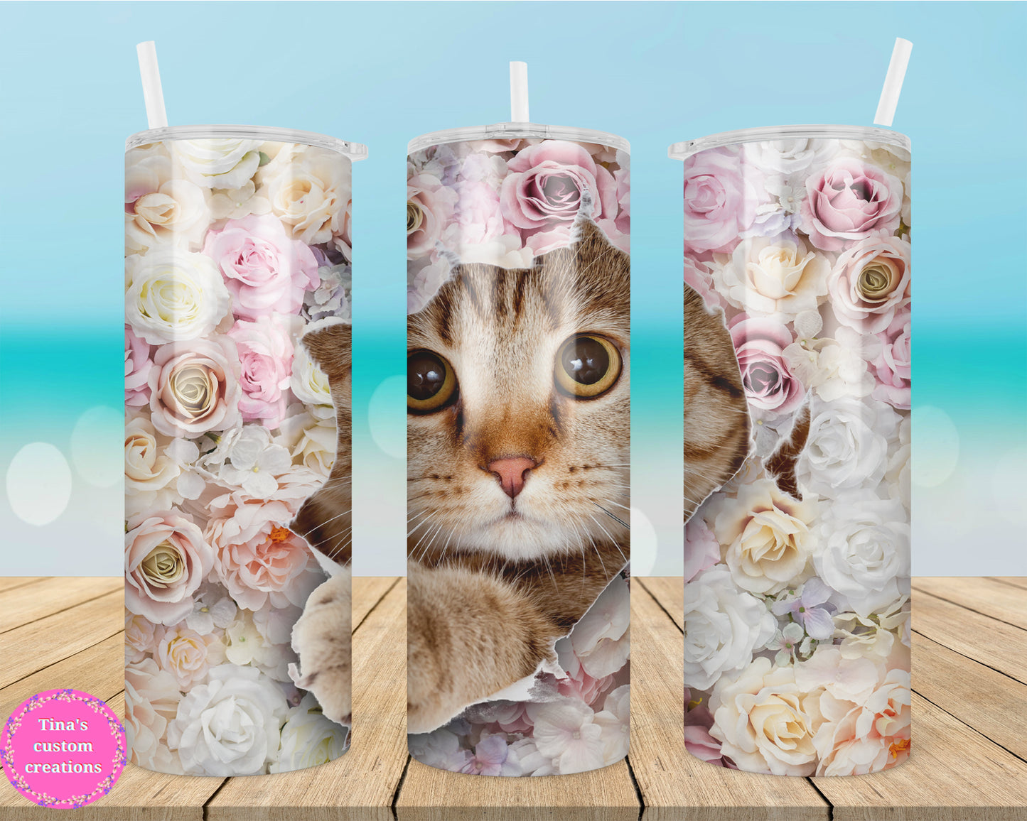 Cute Kitty Cat Peeking Rose 20oz Tumbler